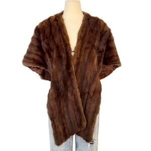 John Wanamaker Vintage Fur Stole Poncho Jacket Cape with Shawl Collar Brown